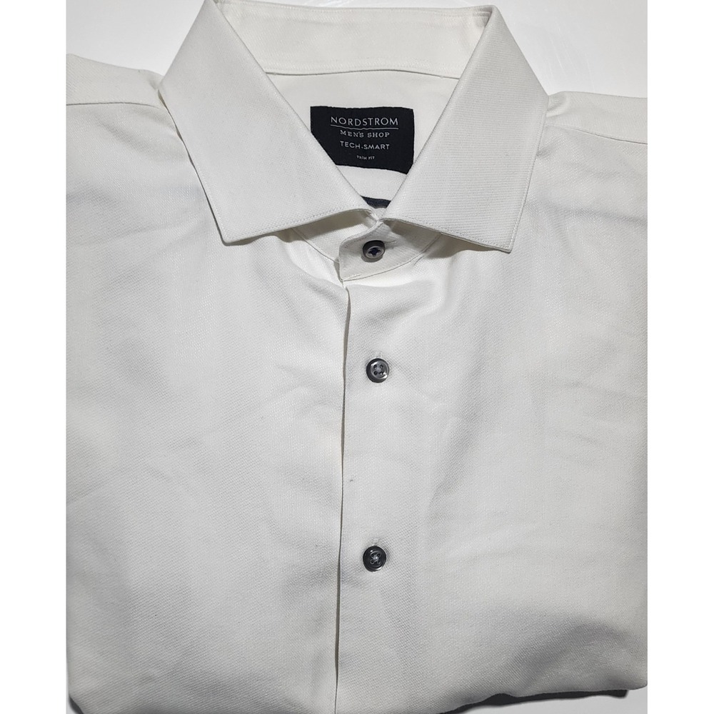 Nordstrom Men's White Trim Fit Tech Smart Stretch Dress Shirt Size 17 X 36/37